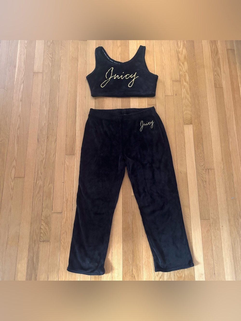 Juicy Couture Womens XL Black Velour Set Gold Script Tank Pants Y2K Tracksuit